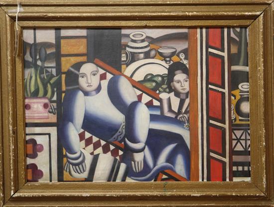 After Fernand Leger, oil on board, Figures and still life, 45 x 65cm